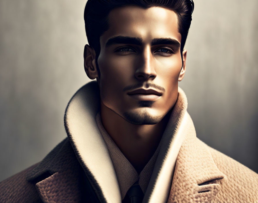 Man with Sharp Features in Tan Overcoat Against Muted Background