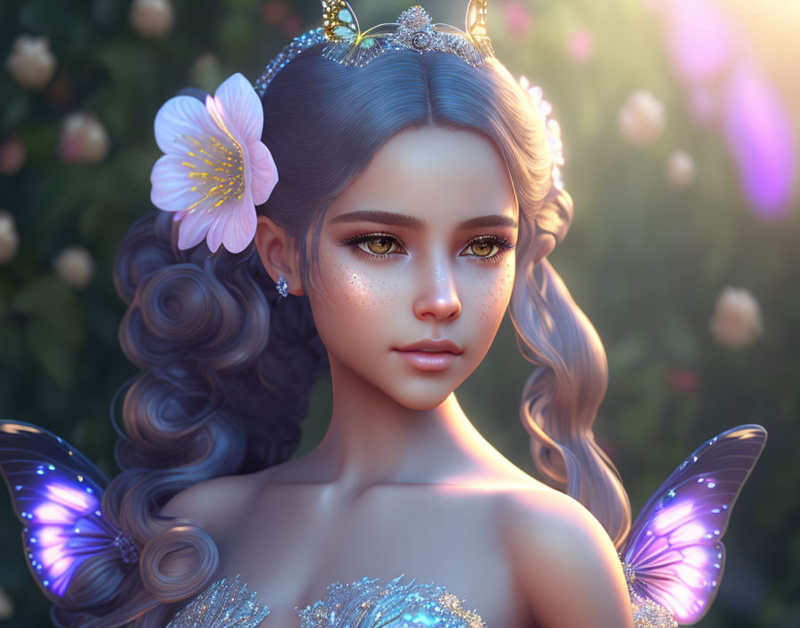 Fantasy female character with blue hair and butterfly wings in intricate dress on floral background.