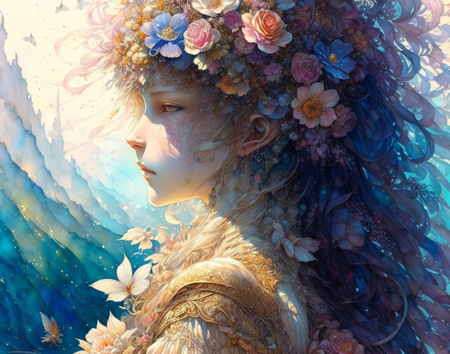 Portrait of woman with floral crown and blue hair against ethereal background