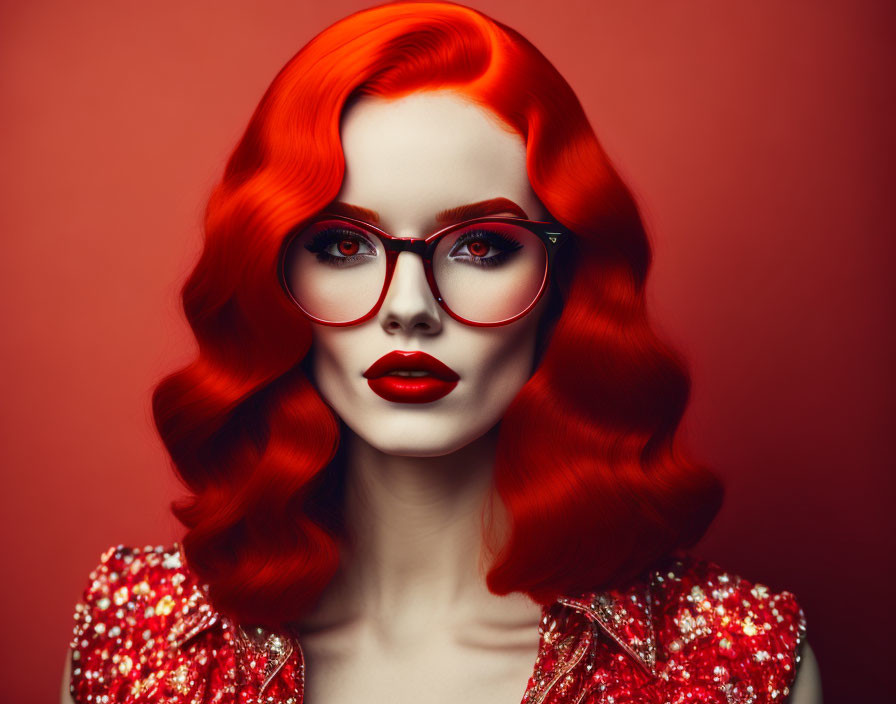Woman with red lips,red hair and red glasses with 