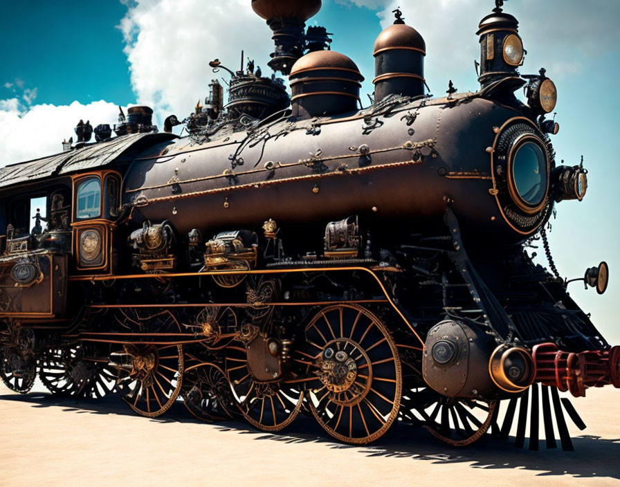 Vintage steam locomotive with ornate designs and brass accents on tracks