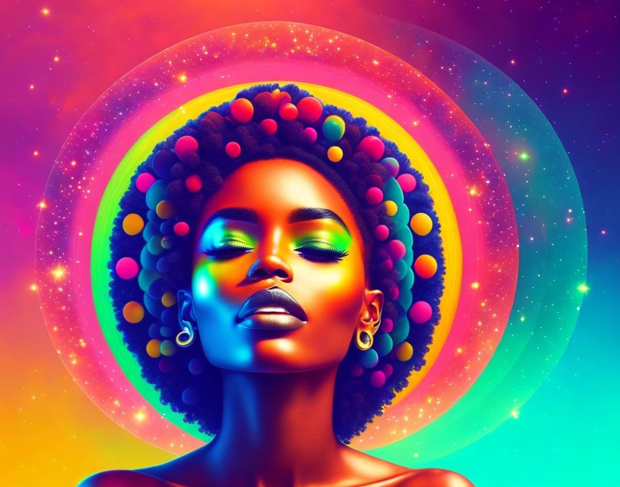 Colorful digital artwork of woman with afro and neon cosmic rings