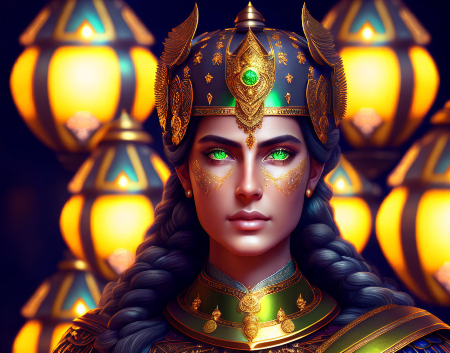 Digital artwork: Woman with green eyes in golden armor and horned helmet among glowing lanterns