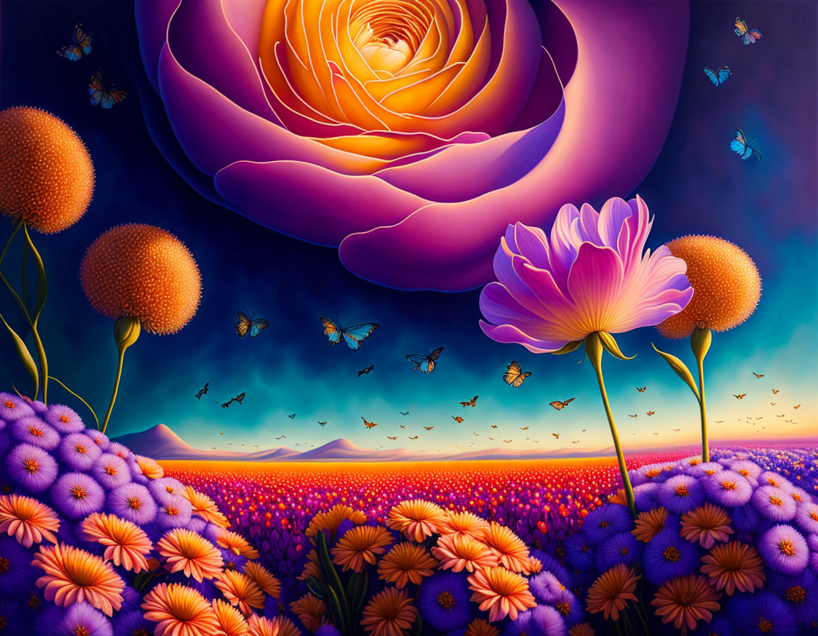 Colorful surreal landscape with oversized flowers and butterflies under twilight sky.