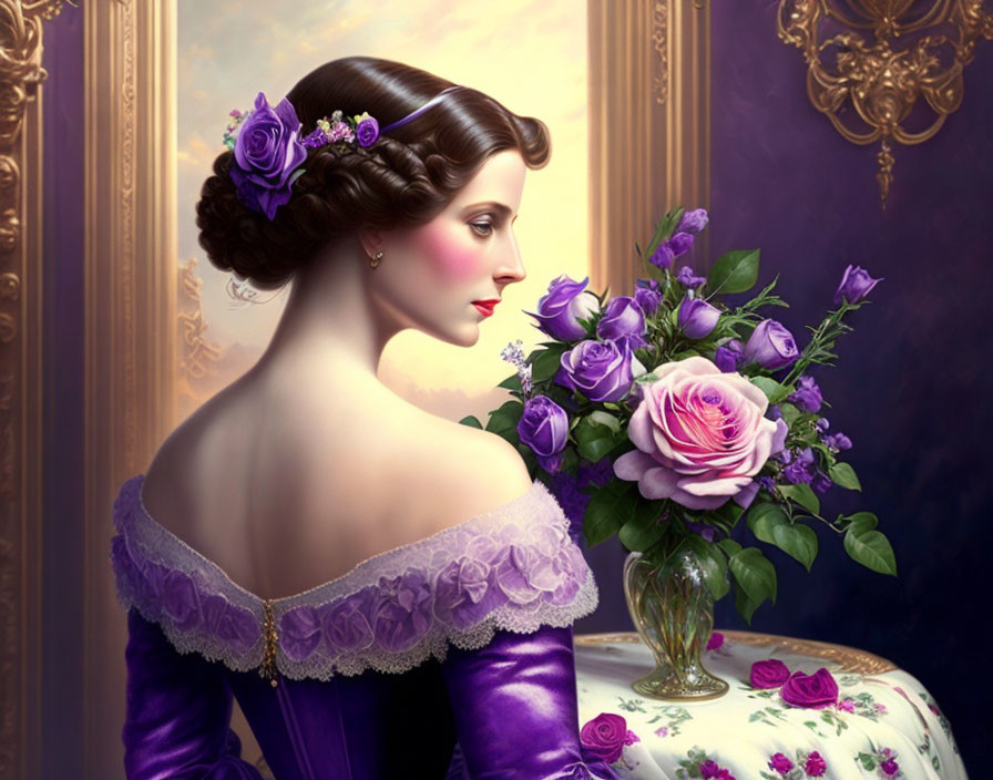 Illustrated woman in violet dress with lace admires purple rose bouquet