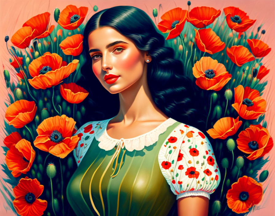 young woman with poppies in a summer outfit