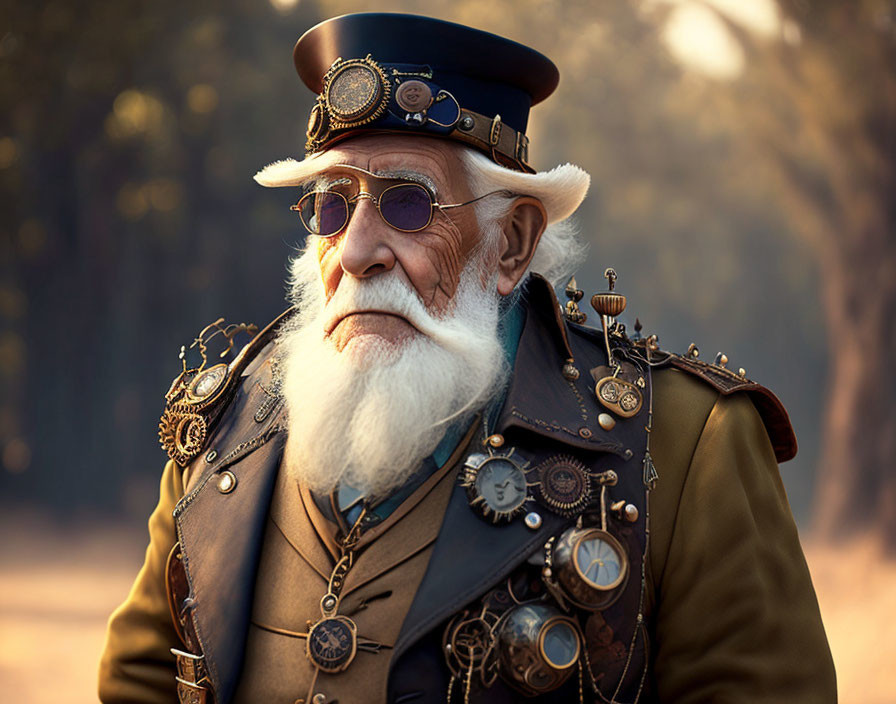 Elderly man in steampunk attire with brass gears in forest at dusk