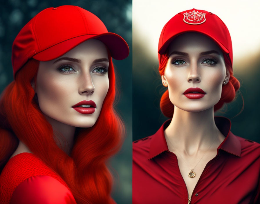Split image: Woman with vibrant red hair, cap, bold red lipstick, and blue eyes against green