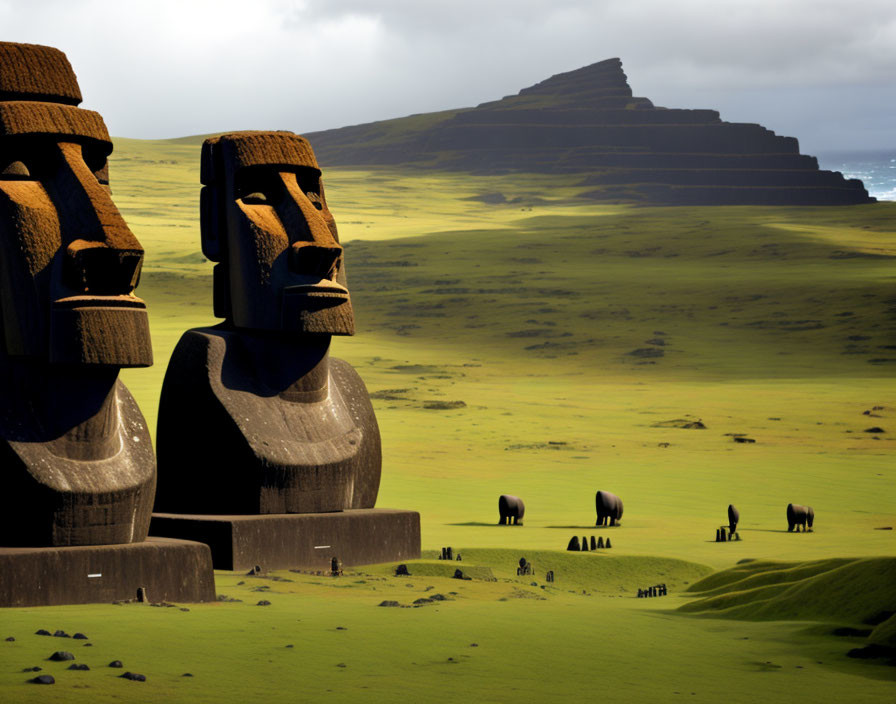 Ancient Moai statues on Easter Island with horses, ocean, and cloudy sky