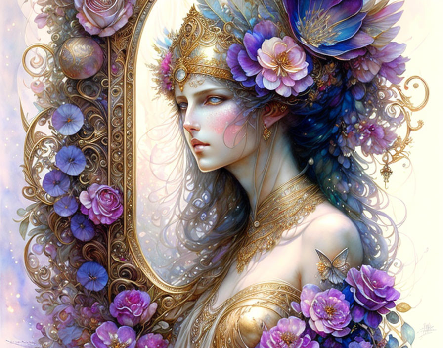 Ethereal artwork featuring woman with floral headdress & golden jewelry