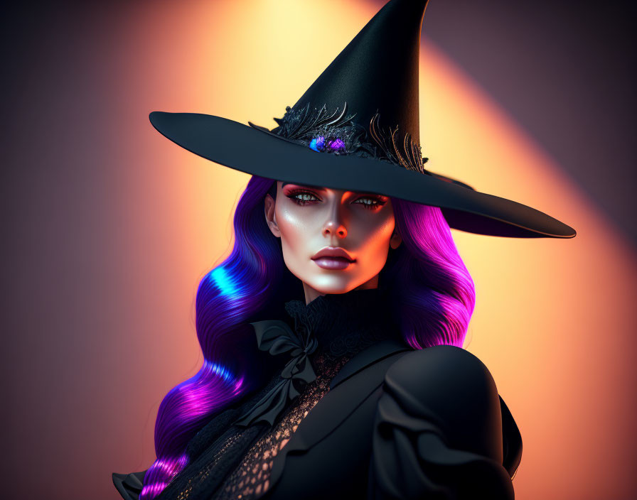  Pretty witch in black, pointed hat on her head, f