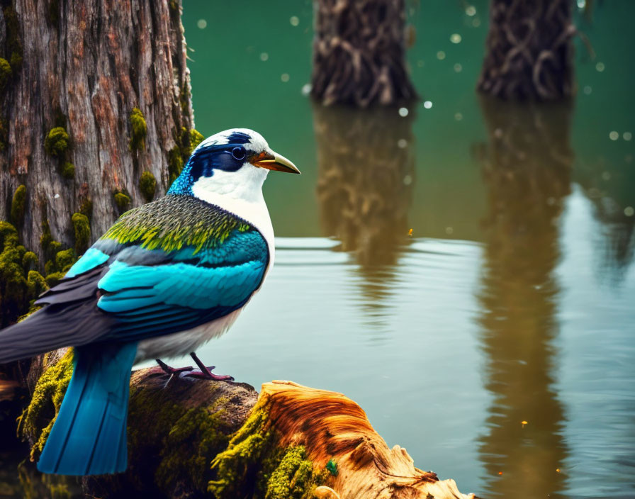 Birds sitting on tree stump in water