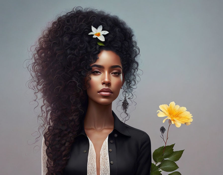 woman curly hair and a small flower in her hair ,f