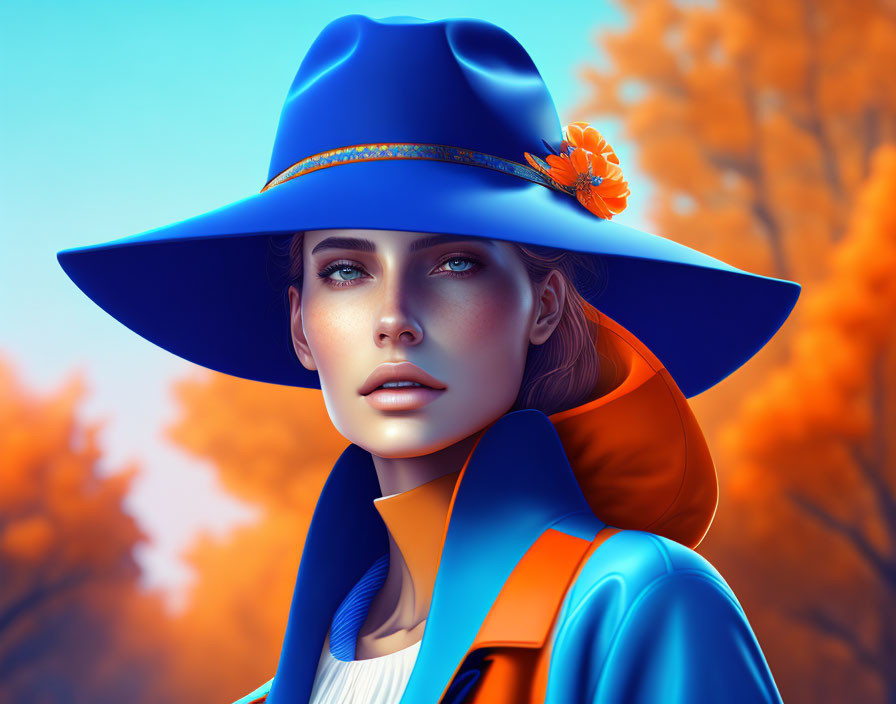 Ladywith white blouse,blue jacket,orange-blue hat 