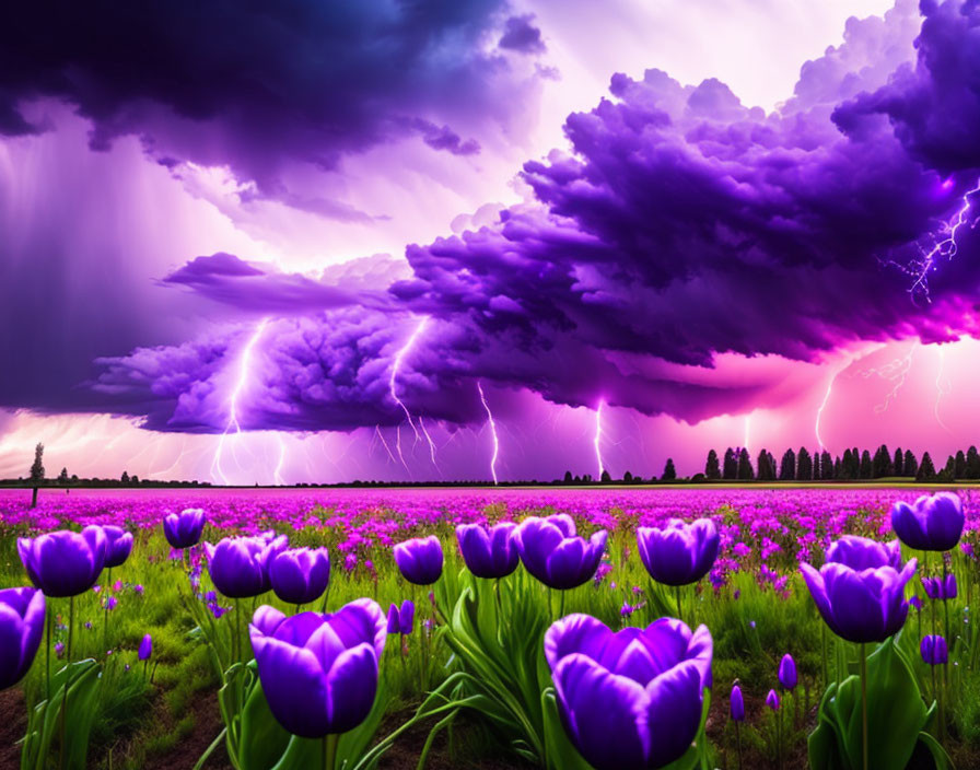 Meadow with purple tulips and purple clouds with l