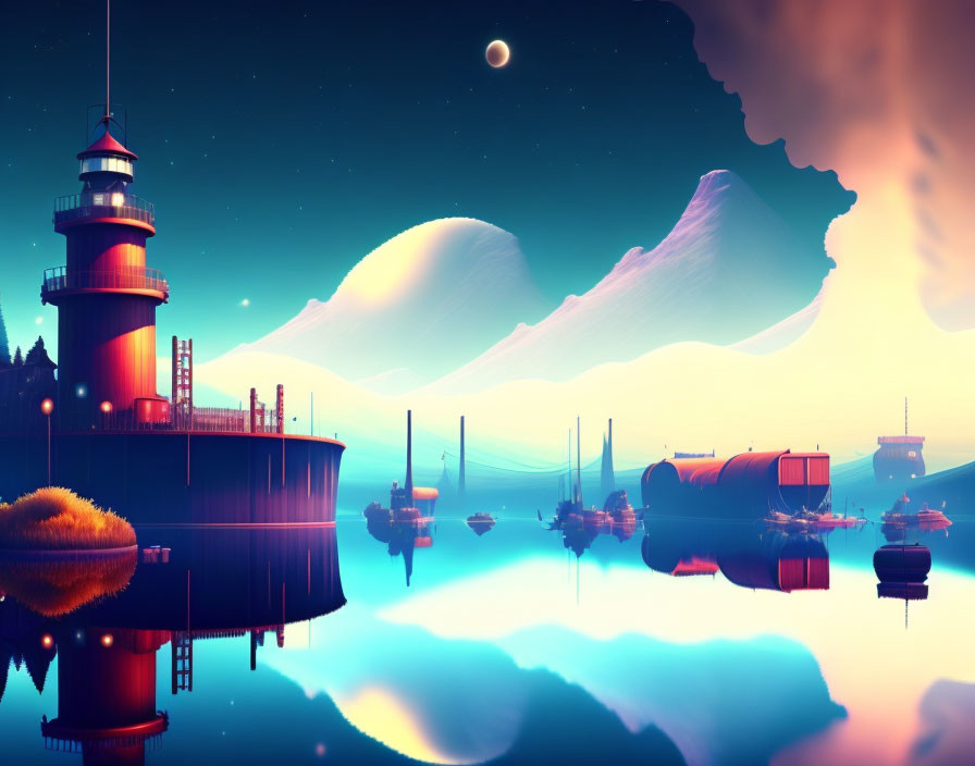 Twilight harbor scene with lighthouse, boats, planets in dreamy sky