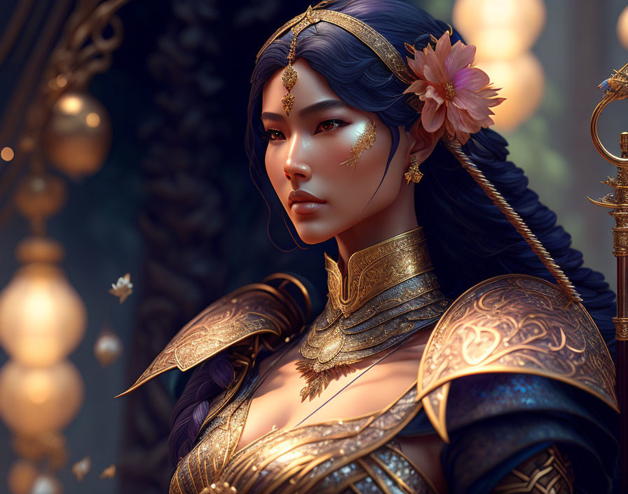 Illustrated portrait of woman with blue hair in golden armor and flower, warm blurred background