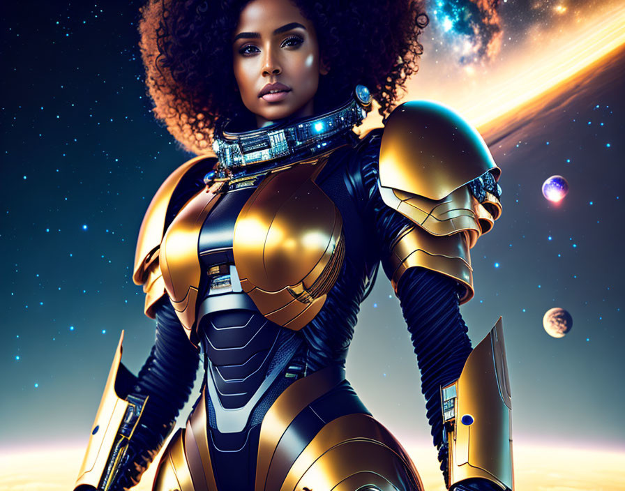 Futuristic woman in golden armor against cosmic backdrop