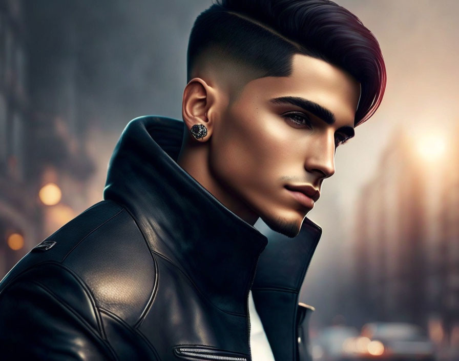 Confident man with modern haircut in black leather jacket against urban backdrop
