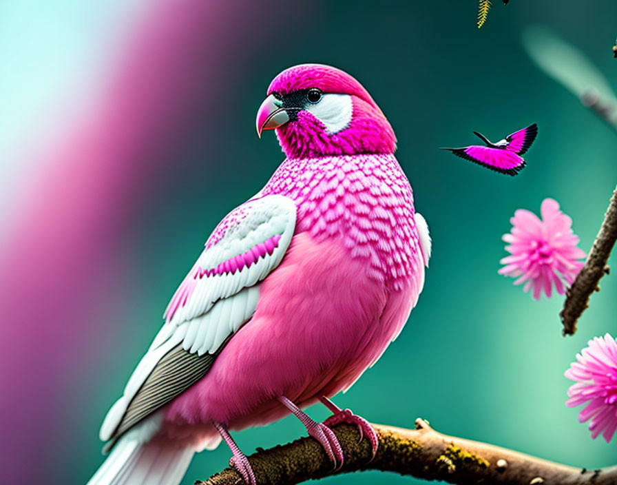 pink and white bird sitting on a branch