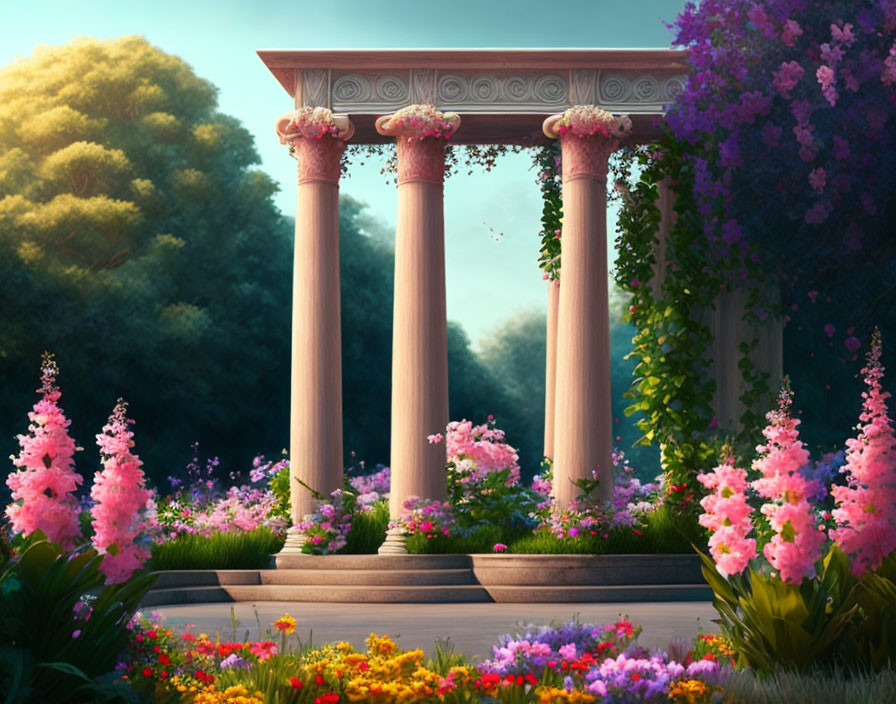 Classical stone colonnade in enchanting garden with lush pink and purple blooms at twilight