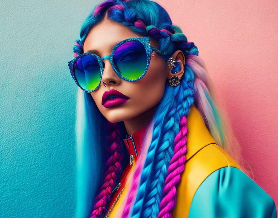 Woman with big,colorful sunglasses,blue lips and l