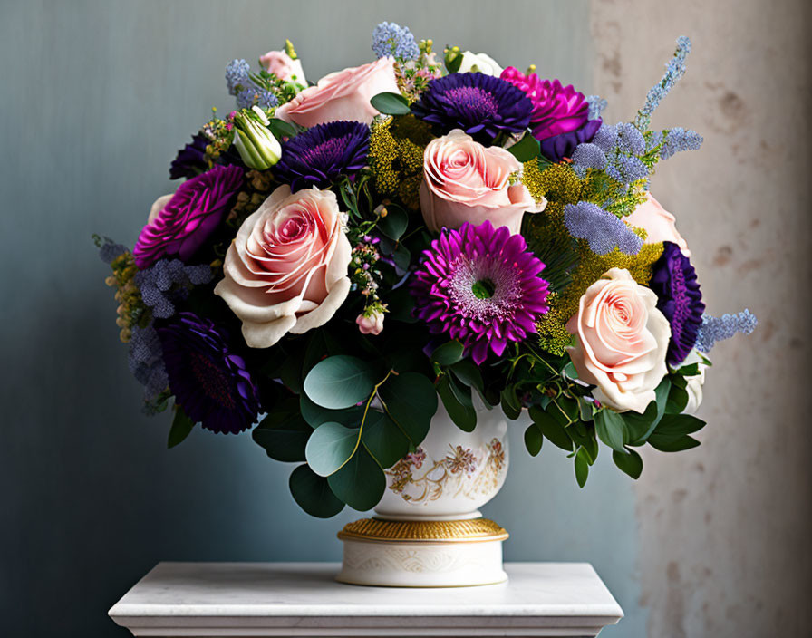 Pink Roses, Purple Gerbera Daisies, and Blue Accent Flowers in White and Gold V