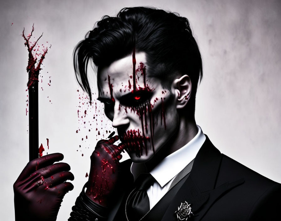 Dark gothic style Man in a suit with blood on mout