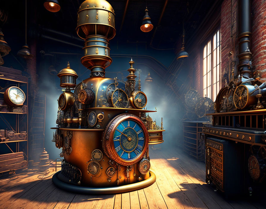 Steampunk-style room with large brass machine, clocks, gears, pipes, brick walls, vintage