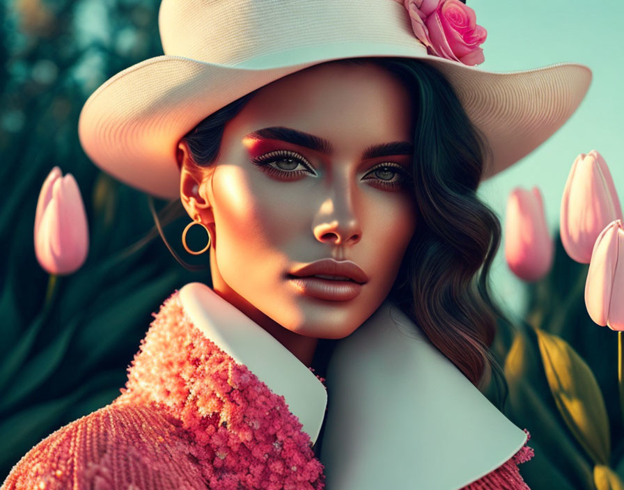 Portrait of woman with striking makeup in wide-brimmed hat and pink outfit among pink tulips