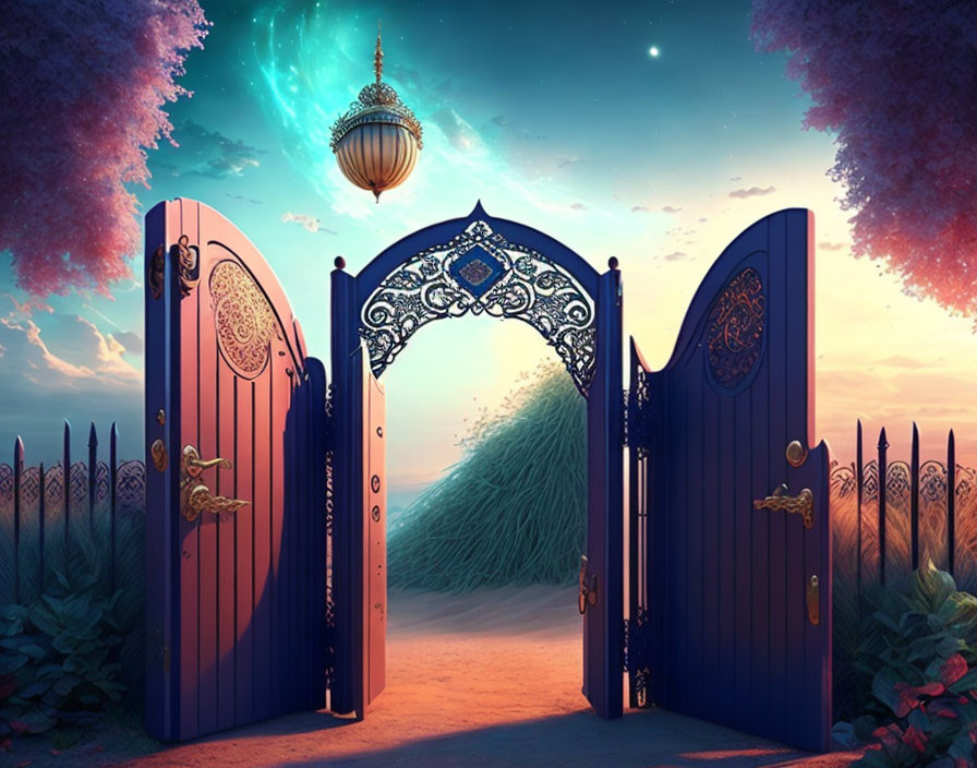 Ornate gate opening to mystical cosmic pathway