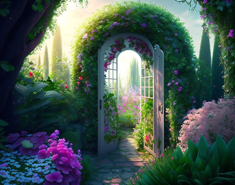 Greenery-covered garden gate with pink flowers opening to sunlit path surrounded by lush plants.