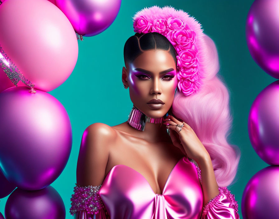 Pink-haired woman in dramatic makeup and attire with flowers and balloons on teal background