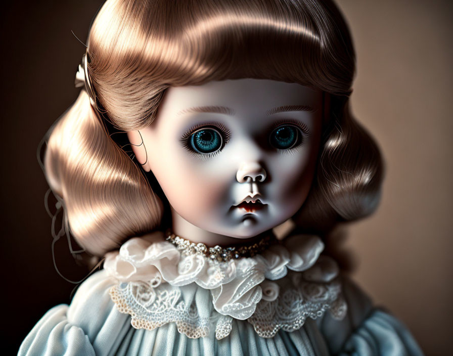Detailed porcelain doll with blue eyes and blonde hair in vintage attire