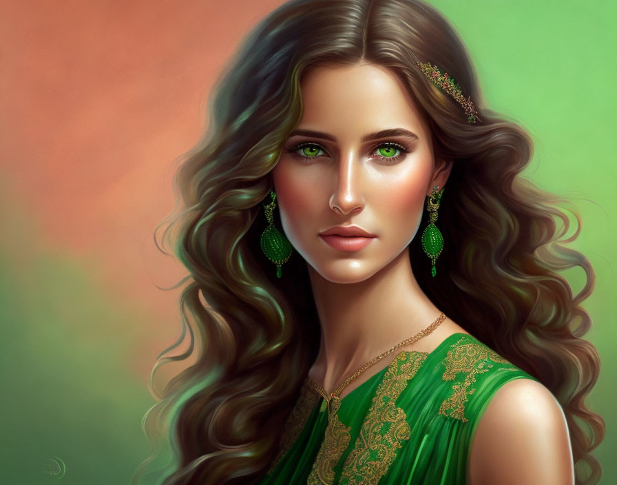 young woman with brown,long hair,earrings in green