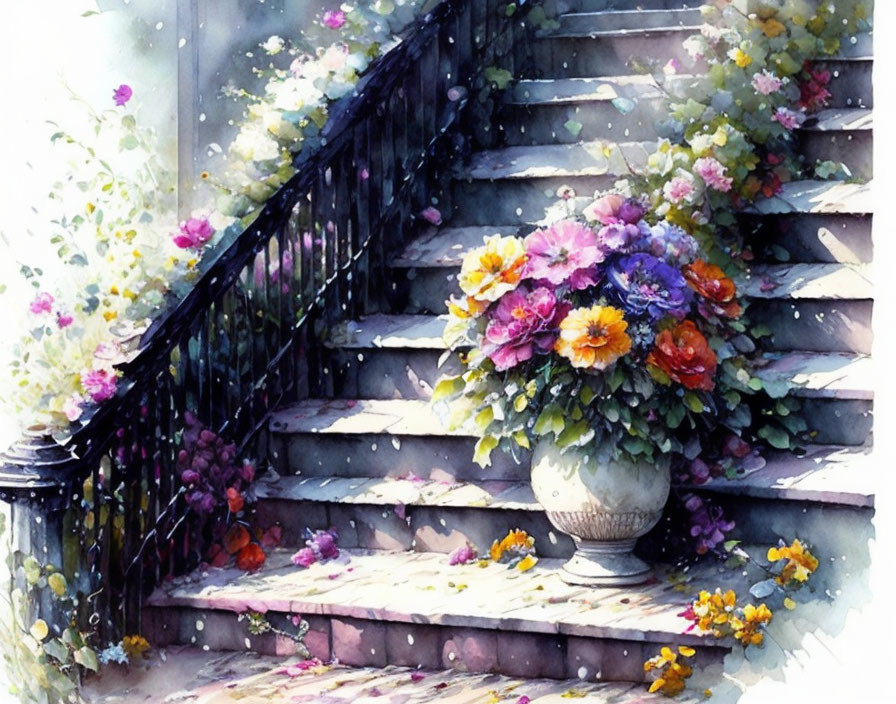  Flowers on the stairs. Rain and fog. Rainy day. J