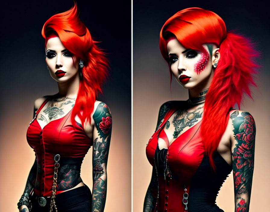 Lady with red punk hairstyle and tatoos,fullbody