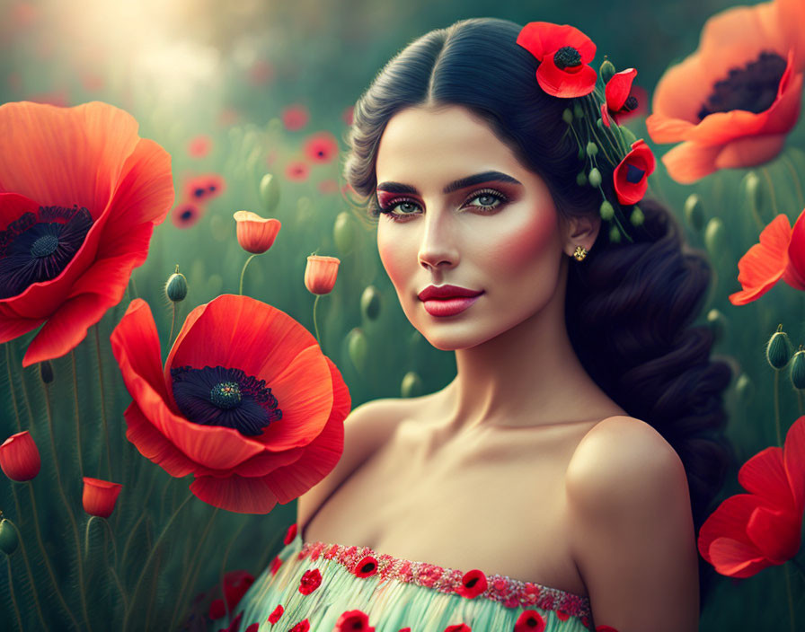 pretty Girl with a small bouquet of poppies in han