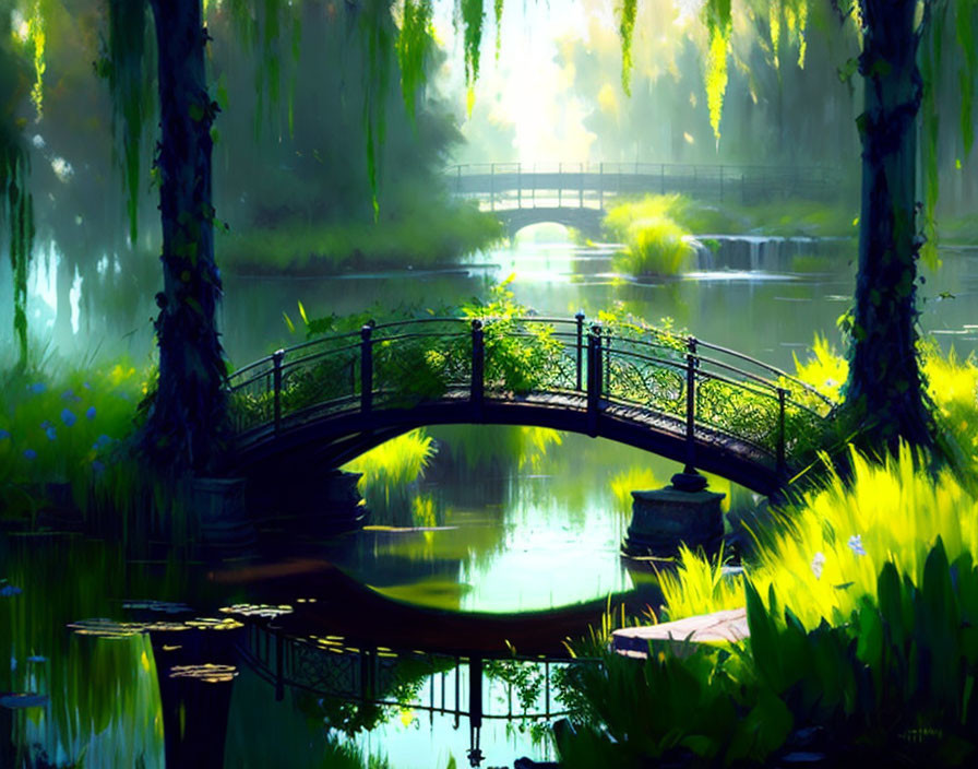 Tranquil bridge over calm pond in lush greenery