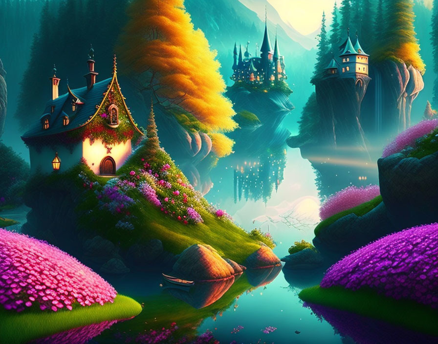 Colorful Fantasy Landscape with Cozy Cottage, Flowering Hills, and Autumnal Castles