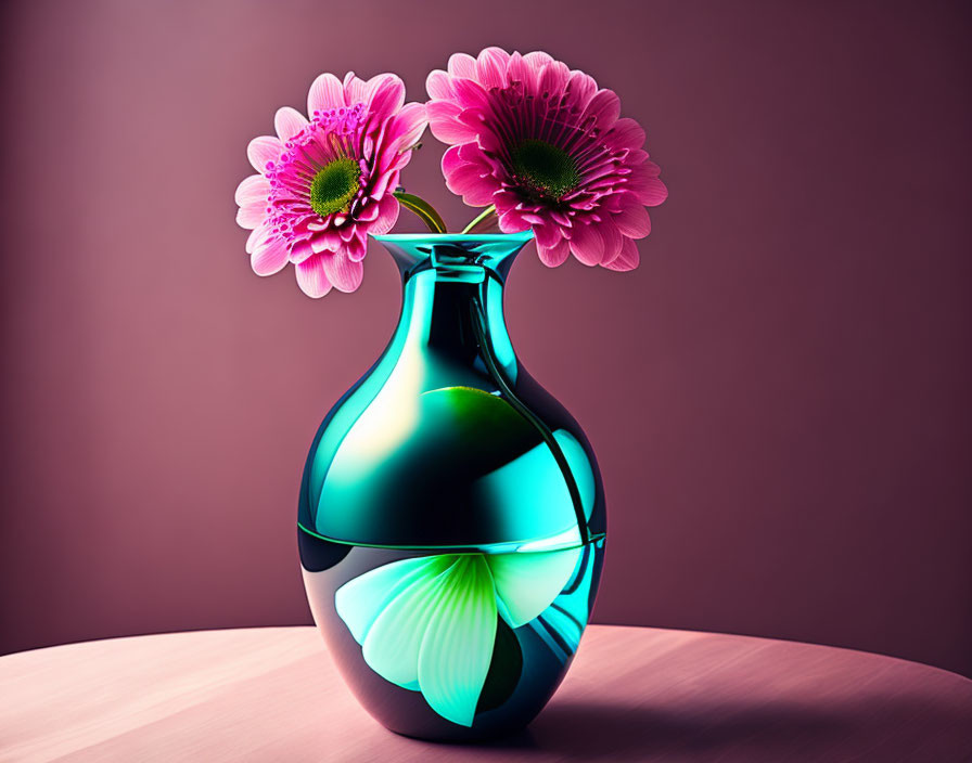 Modern Vase with Blue and Green Gradient Design and Pink Gerbera Flowers