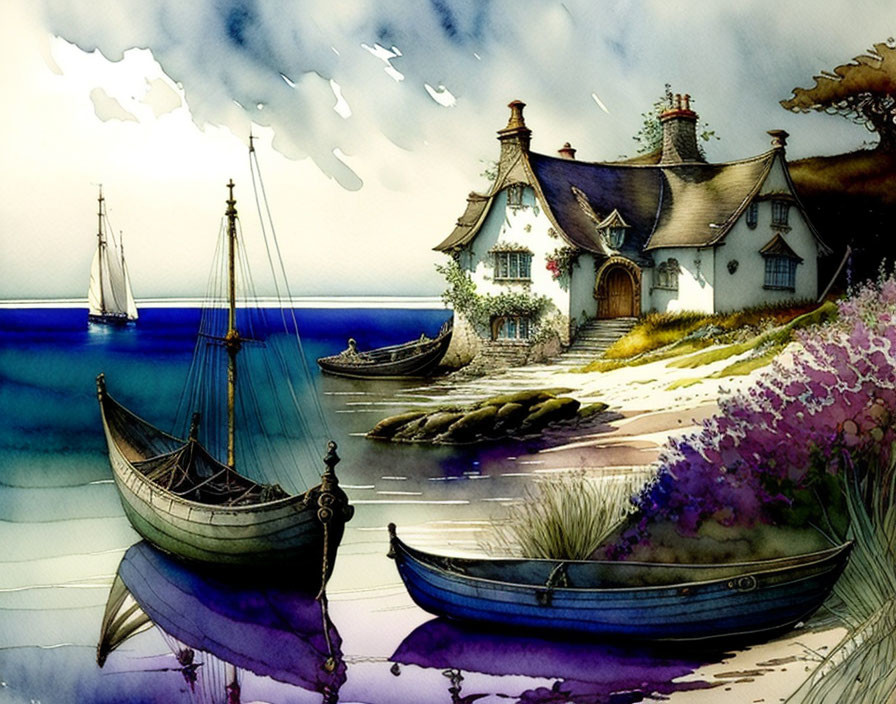 Coastal watercolor painting: cottage by the sea, boats, dynamic sky
