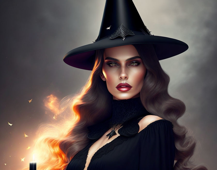 Pretty witch in black, pointed hat on her head,ful