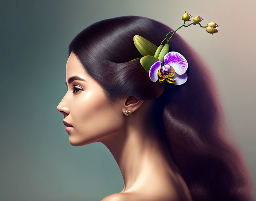  Woman with a small orchid in her hair,looking to 