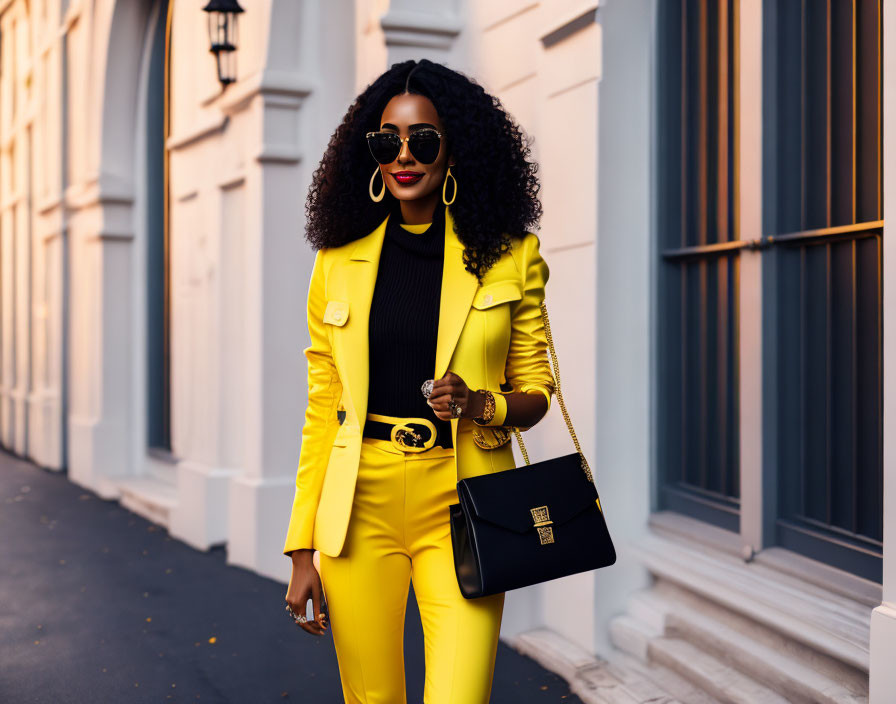 Fashionable woman in yellow suit and sunglasses with black handbag in city street