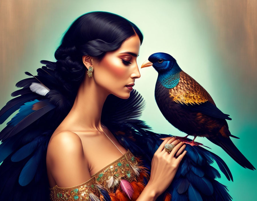 Dark-haired woman with elegant updo and black feathers, bird perched on shoulder