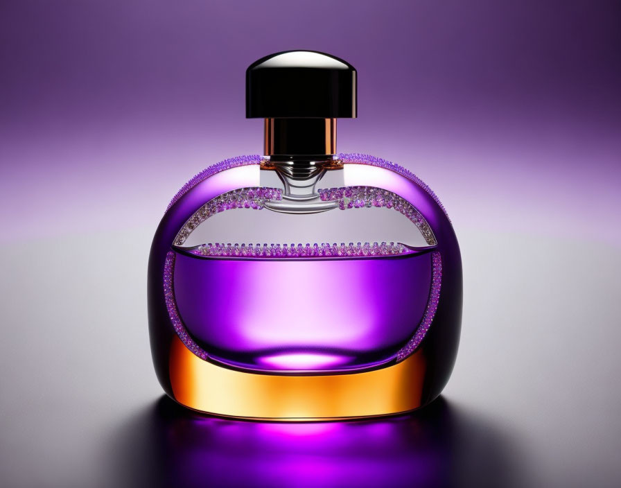 Luxurious Perfume Bottle: Gold Base, Purple Gradient, Black Cap