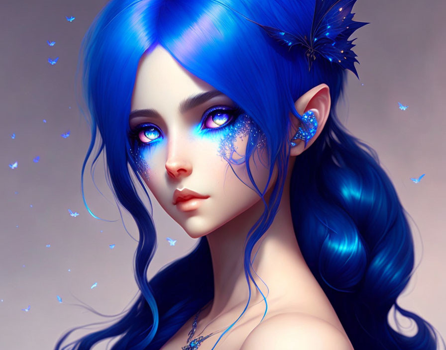 Dark fairy with blue hair,halfbody
