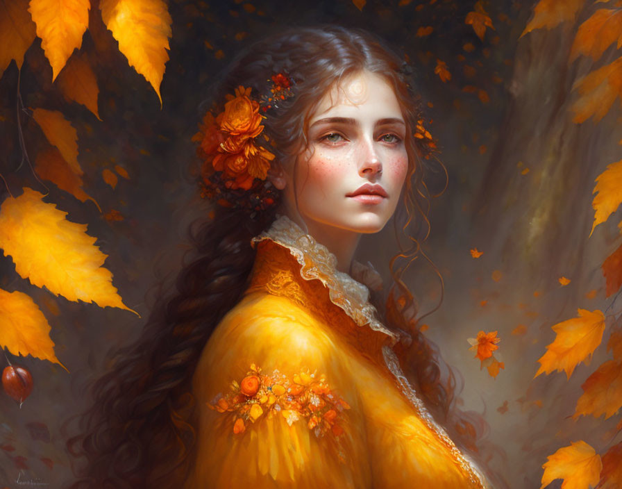 Romantic autumn ,woman in orange and yellow clothe
