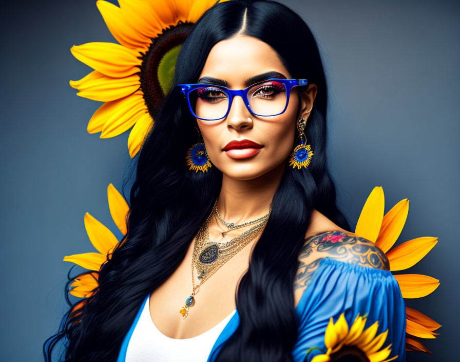 Woman with glasses,long black hair,tatoos on arm,c
